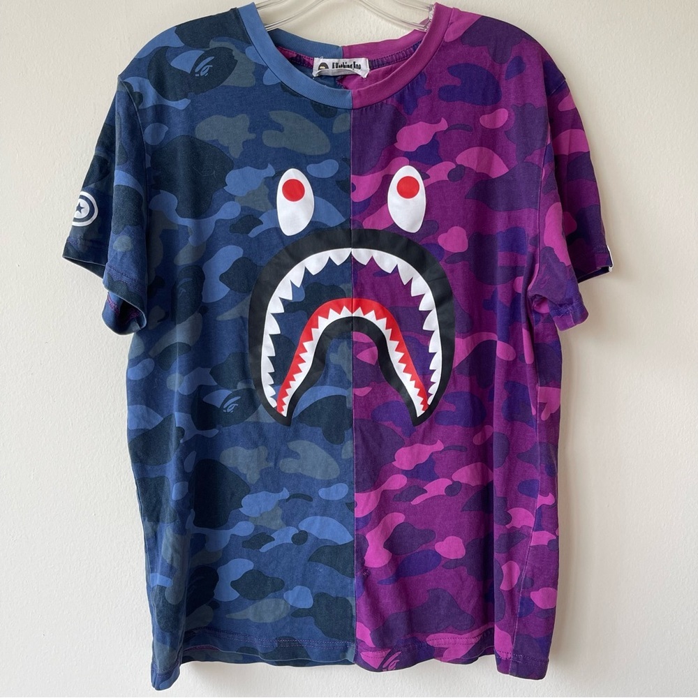 A BATHING APE Split Shark Camo T-Shirt Purple Blue WGM Graphic Tee Medium - Picture 11 of 11